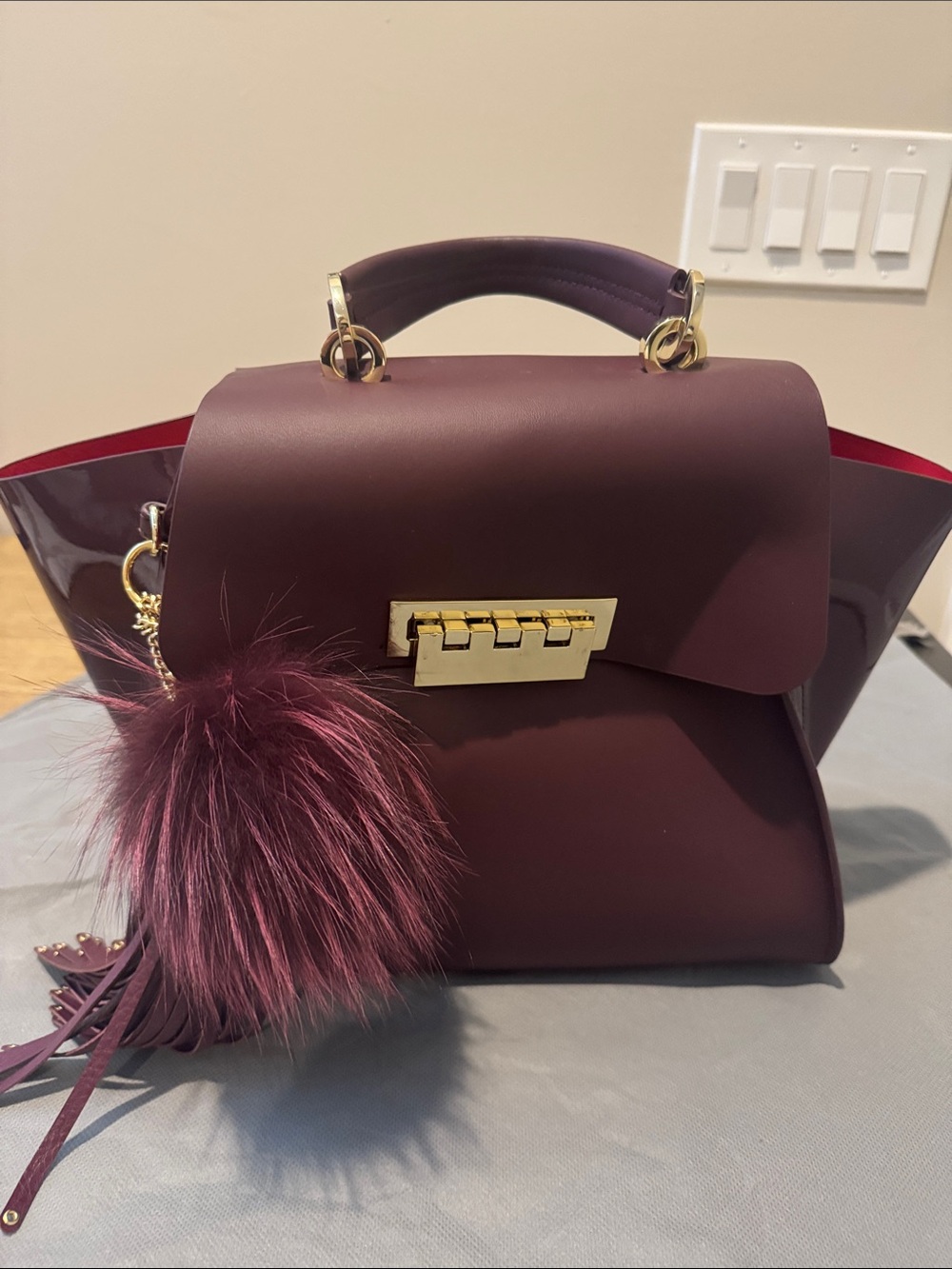 Zac Posen Burgundy Top-Handle Satchel with Gold Hardware